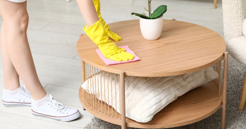 Mãos com luvas amarelas usam pano rosa sobre mesa em como limpar móveis planejados.